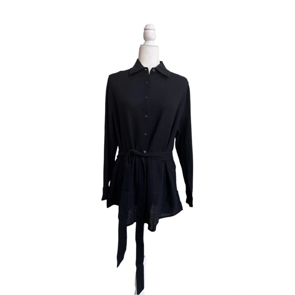 Andie Swim The Corvo Black Button Up Collared Long Sleeve Womens Size S Belted